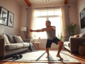 questinate benefits of exercising at home daily, Person doing a home workout in living room with bright morning light